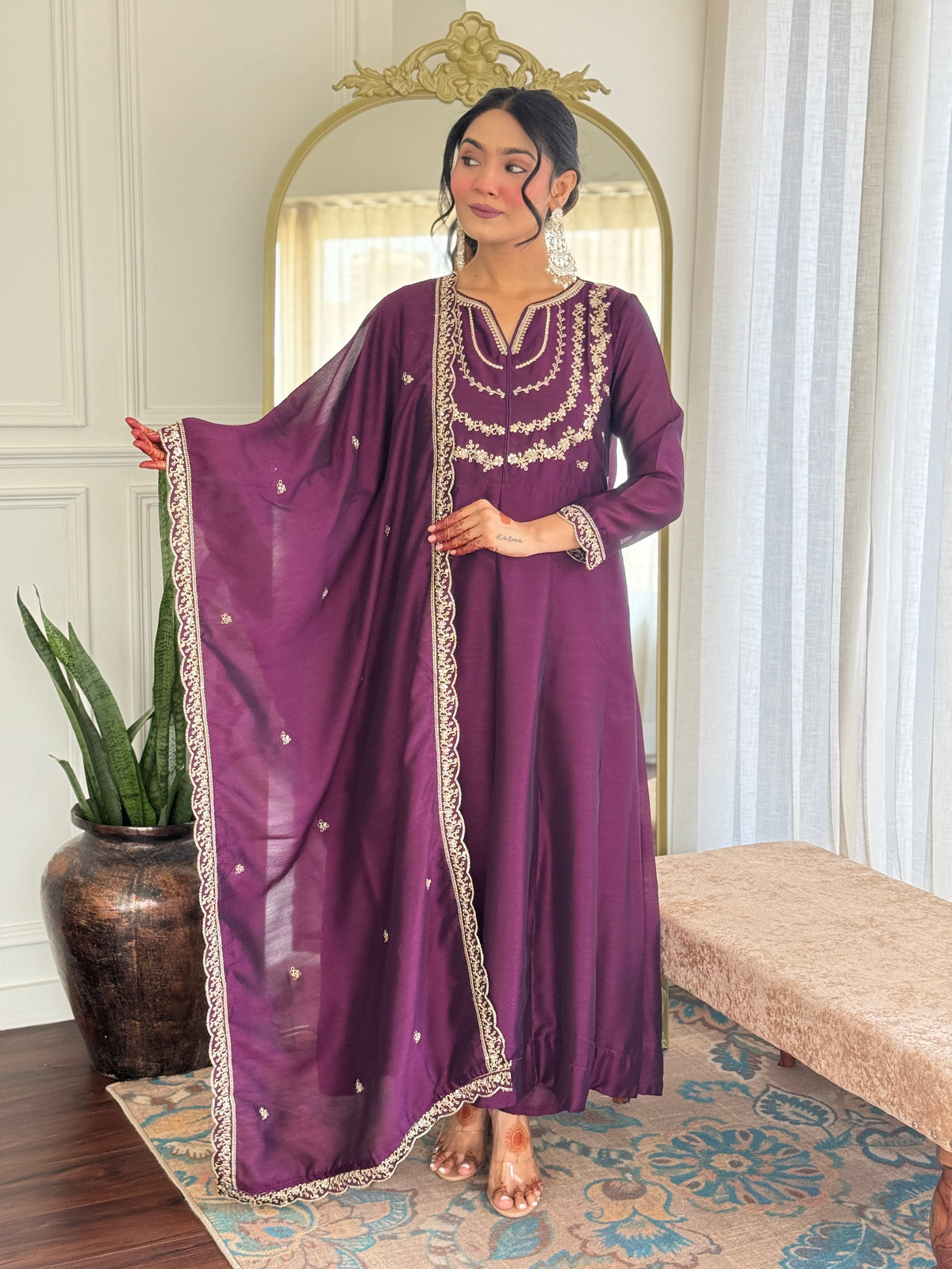 Women's Embroidered Anarkali and Pant with Dupatta Set