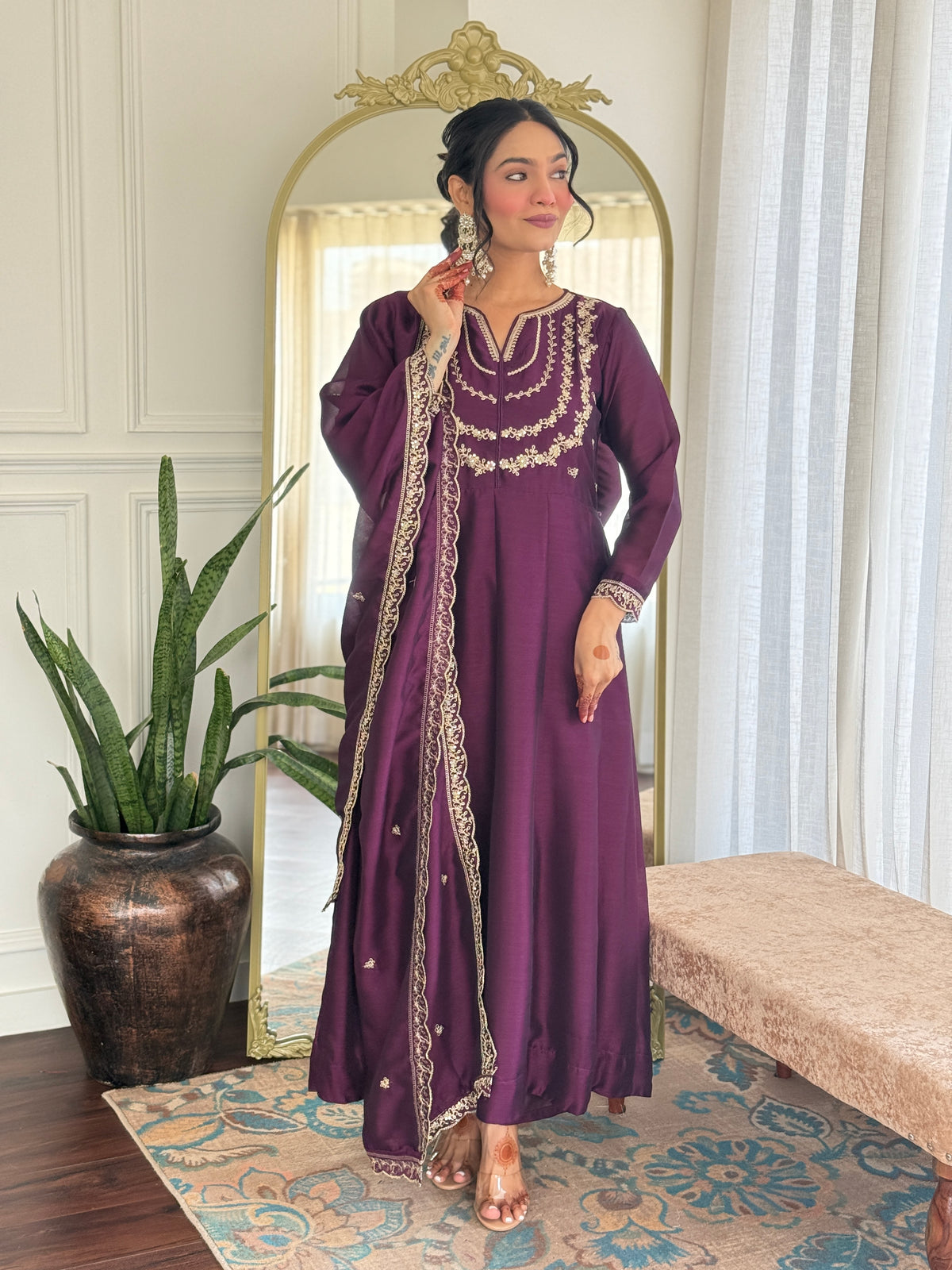 Women's Embroidered Anarkali and Pant with Dupatta Set