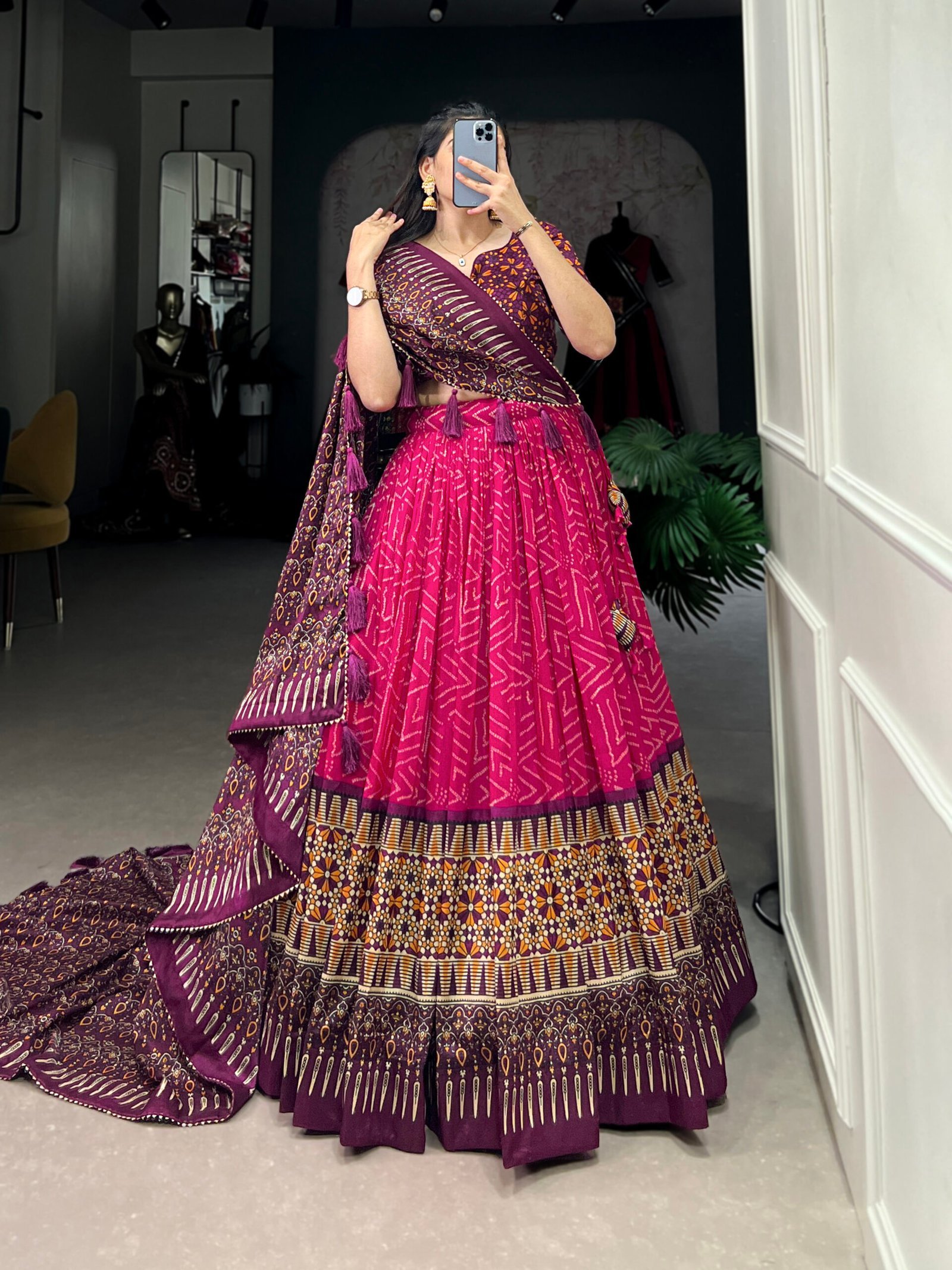 Tussar Silk Bandhej Ajarakh Lehenga